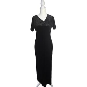 Vtg Carol Black Velvet Maxi Dress Short Sleeve V Neck Evening Gown Withy Size M